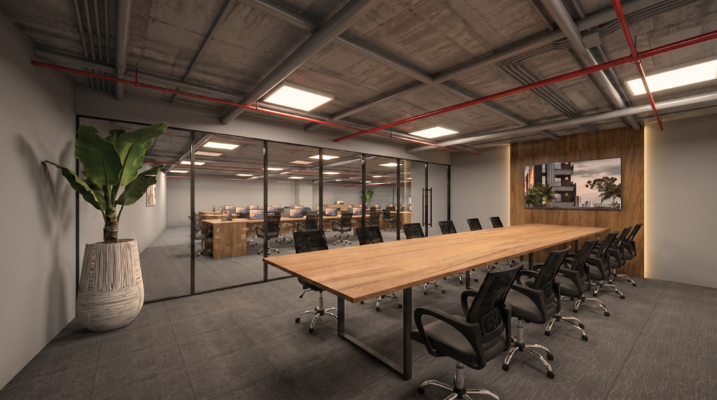 Coworking de condomínio com mesa compartilhada, cabines individuais e iluminação sofisticada