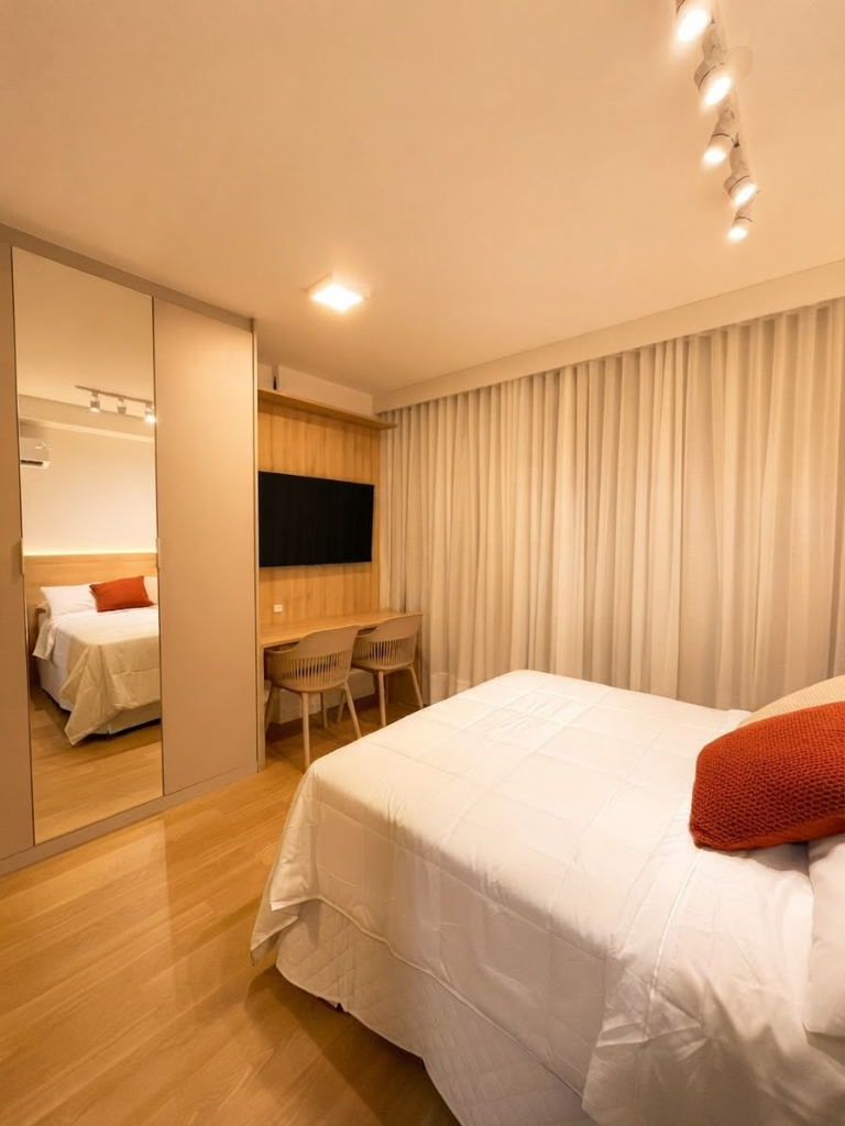 Lounge de convivência com sofás modulares, poltronas em bouclê e mesas laterais em mármore